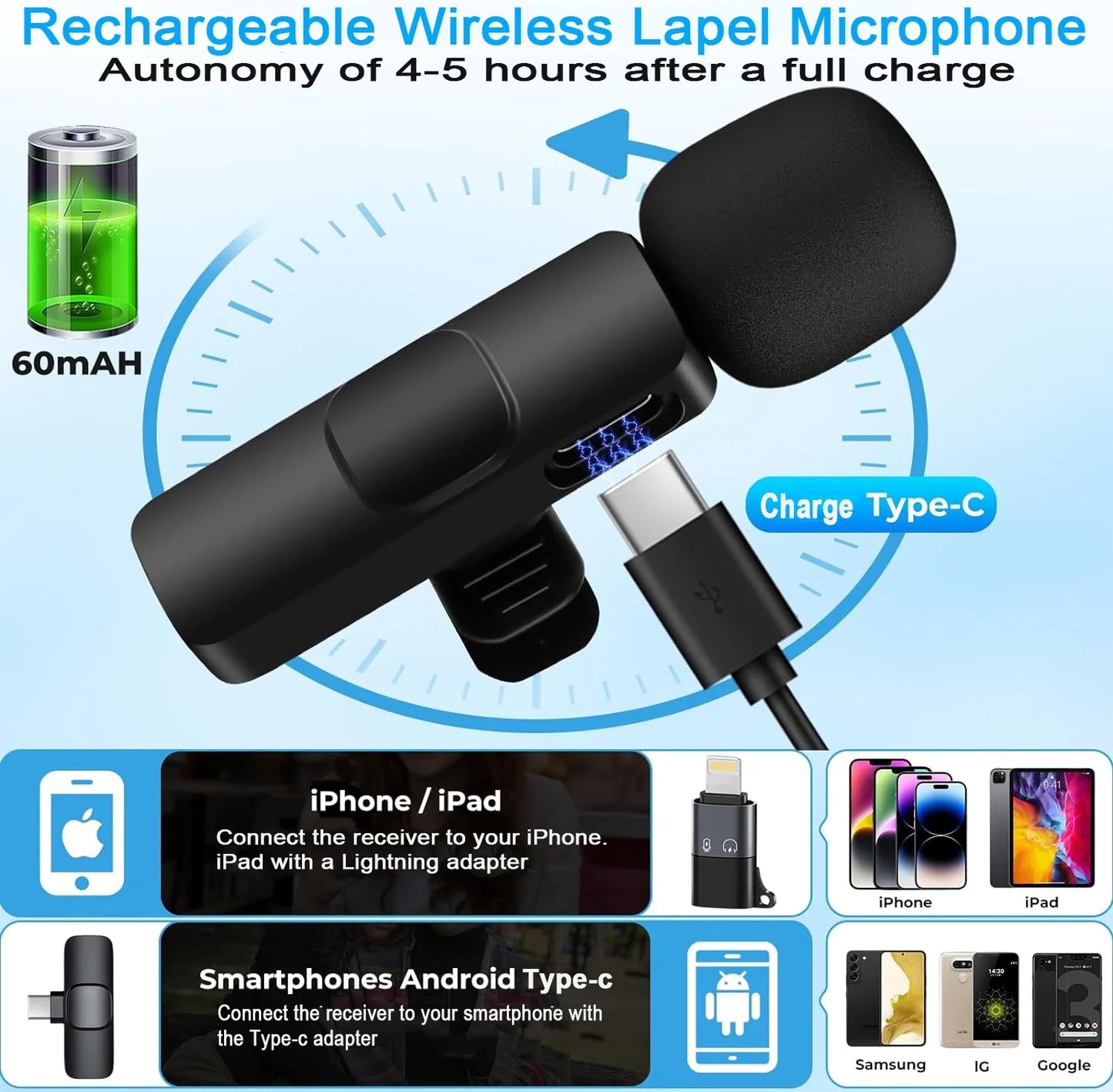 Wireless Lavalier Microphone for Iphone/Android/Ipad/Laptop, Mini Microphone, Microphone for Type-C Phone, Wireless Microphones, Microphone for Video Recording, Youtube, Vlog, Tiktok, Interview.