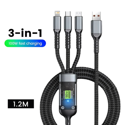 Transparent Luminous 3-In-1 Super Fast Charging Cable, 3 in 1 Charging Cable, Universal with Type-C Micro for Iphone15 14 13.