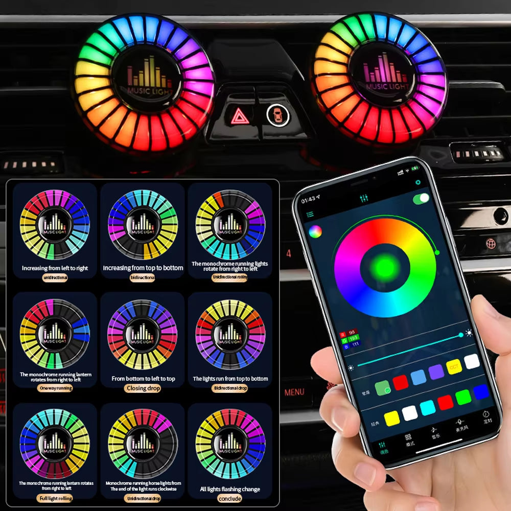 Car Smart APP Control RGB Music Rhythm Lamp Air Freshener LED Strip Sound Control Voice Pick up Atmosphere Light Air Vent Clip.