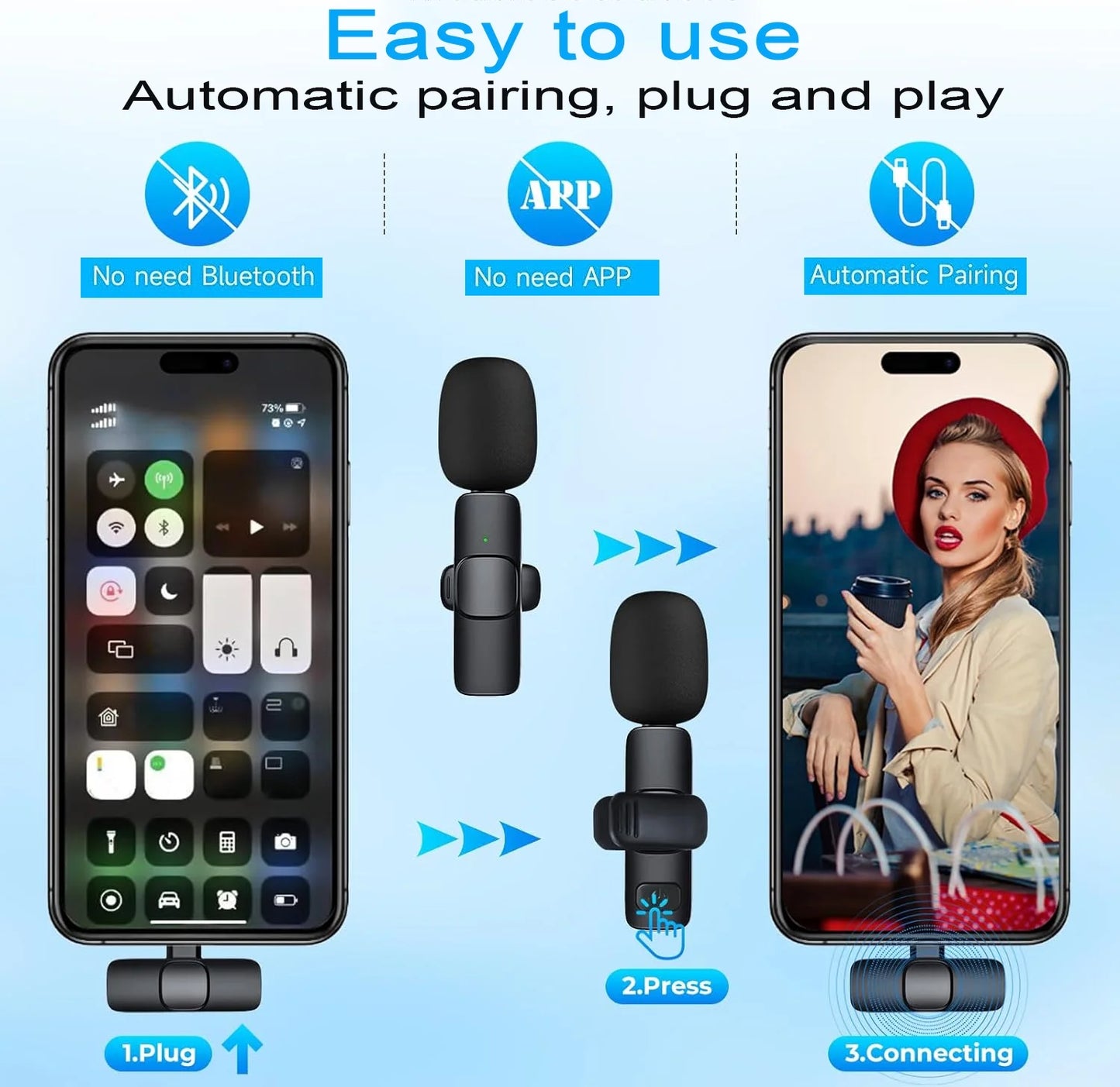 Wireless Lavalier Microphone for Iphone/Android/Ipad/Laptop, Mini Microphone, Microphone for Type-C Phone, Wireless Microphones, Microphone for Video Recording, Youtube, Vlog, Tiktok, Interview.